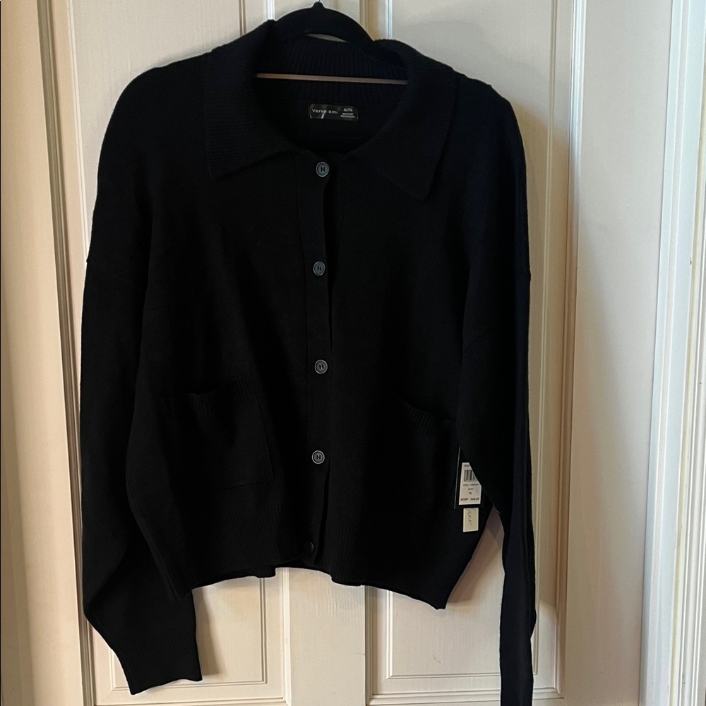 Verve Ami Black Women's Collared Cardigan with Front Pockets size XL